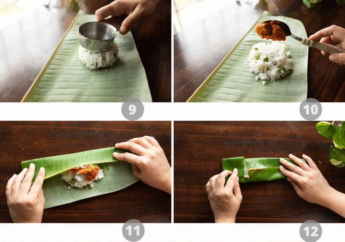Step by step picture collage showing how to make patra rice