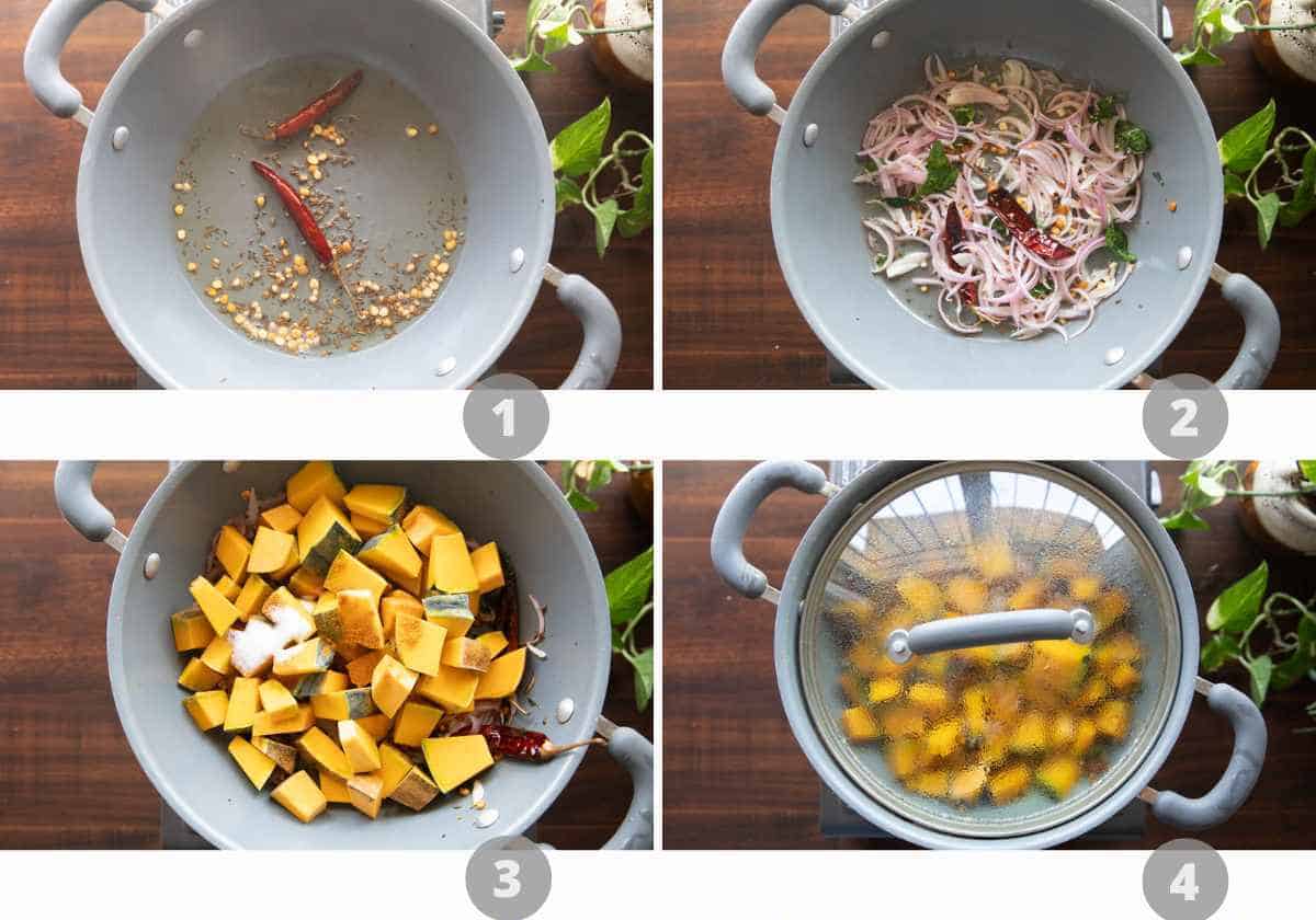step by step image collage showing how to make peanut pumpkin sabzi