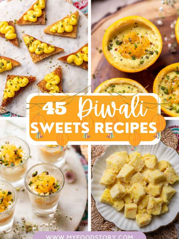 Picture Collage showing 4 diwali sweets recipe photographs with text overlay