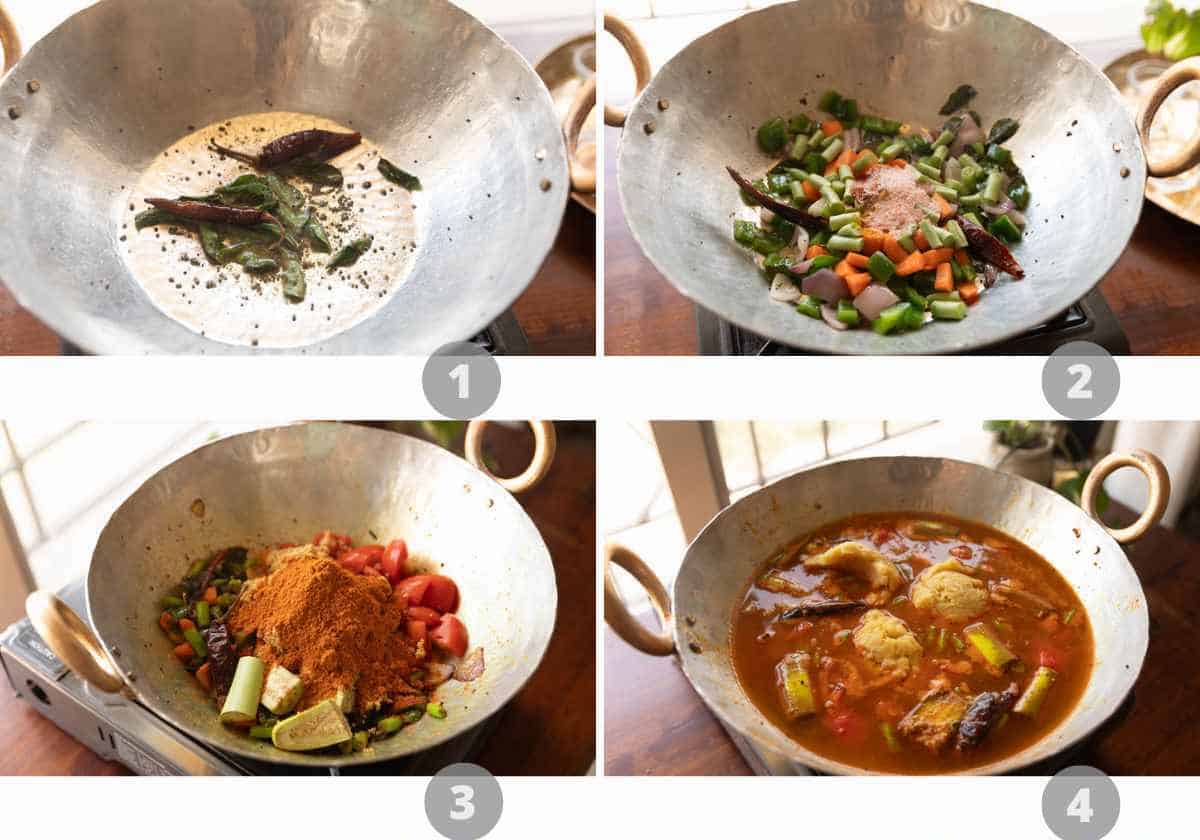 Step by step picture collage showing how to make millet bisi bele bath