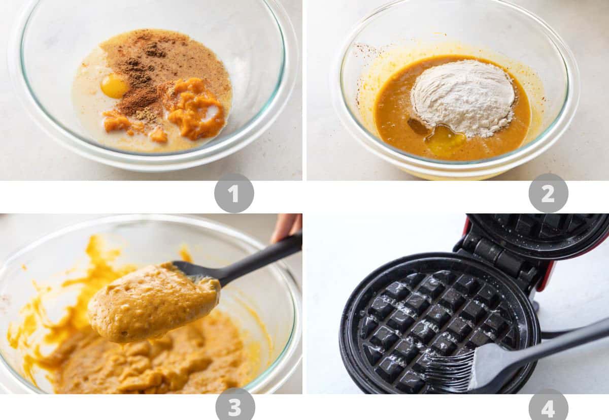 Step by step picture collage showing how to make pumpkin waffles