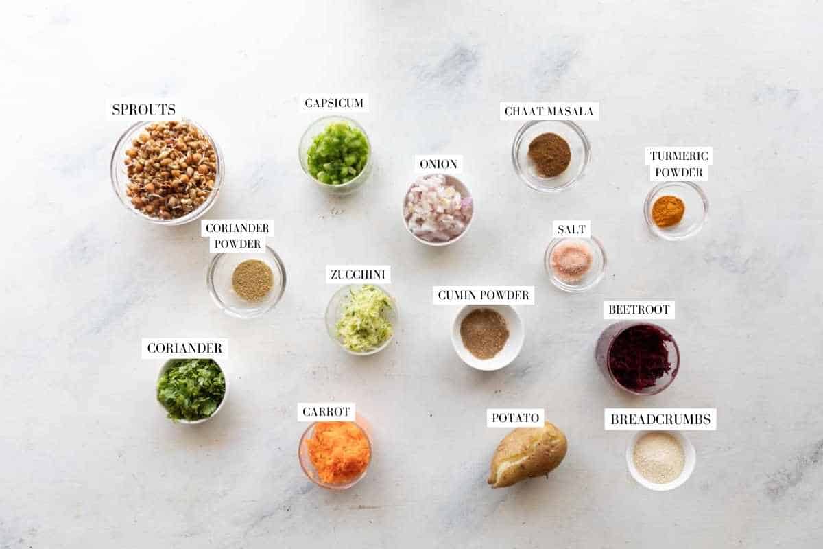 Picture of all the ingredients for Sprouts Cutlet with text to identify them