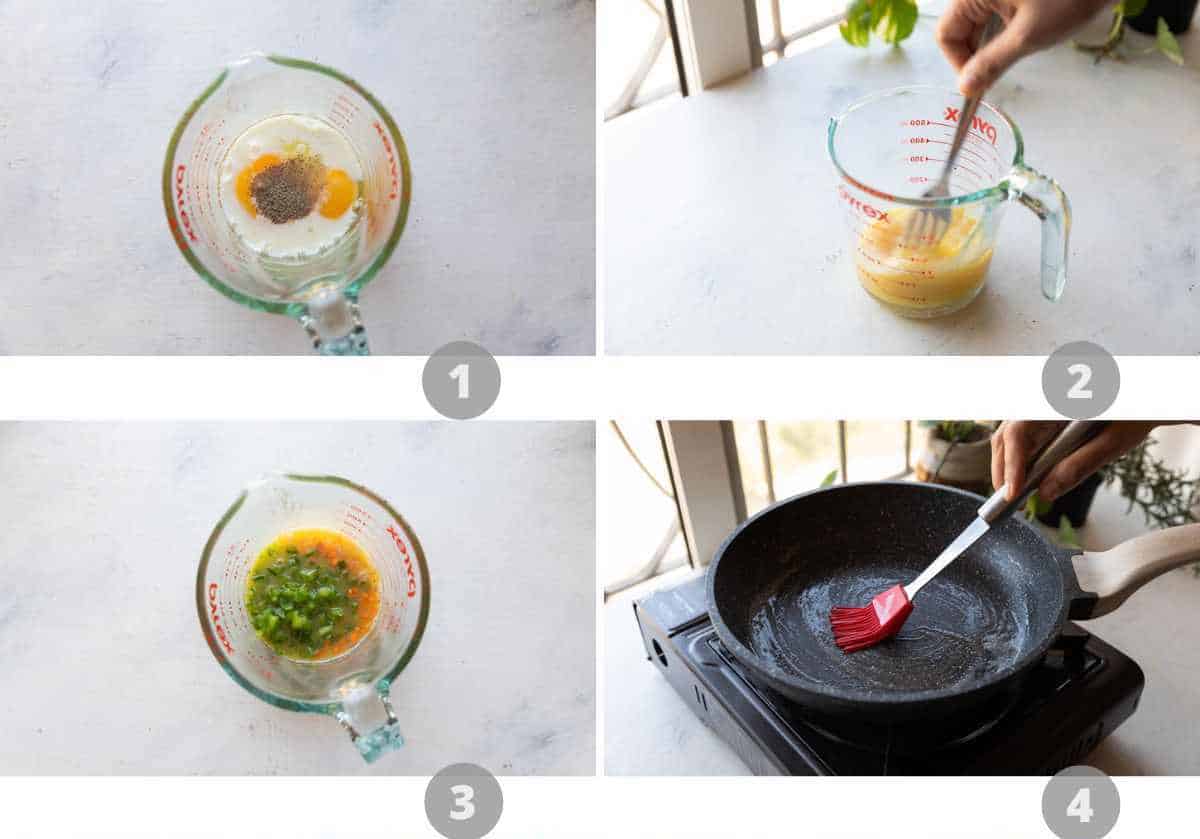 Step by step picture collage showing how to make korean omelette