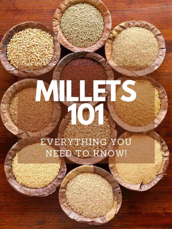 Picture of 10 different millets served in leaf bowls with text overlay - Millets 101