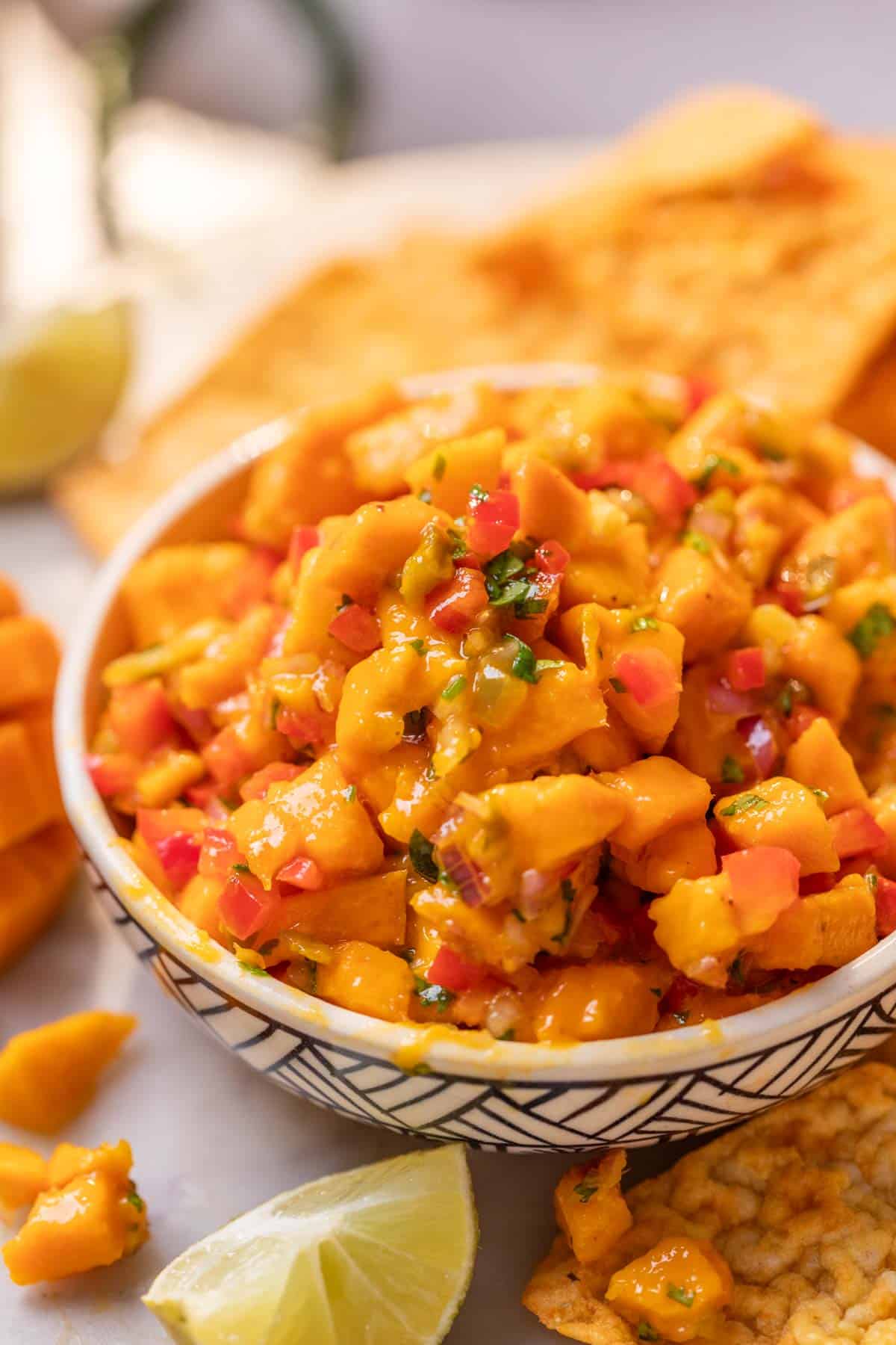 close up of mango salsa to show it's fresh and juicy texture