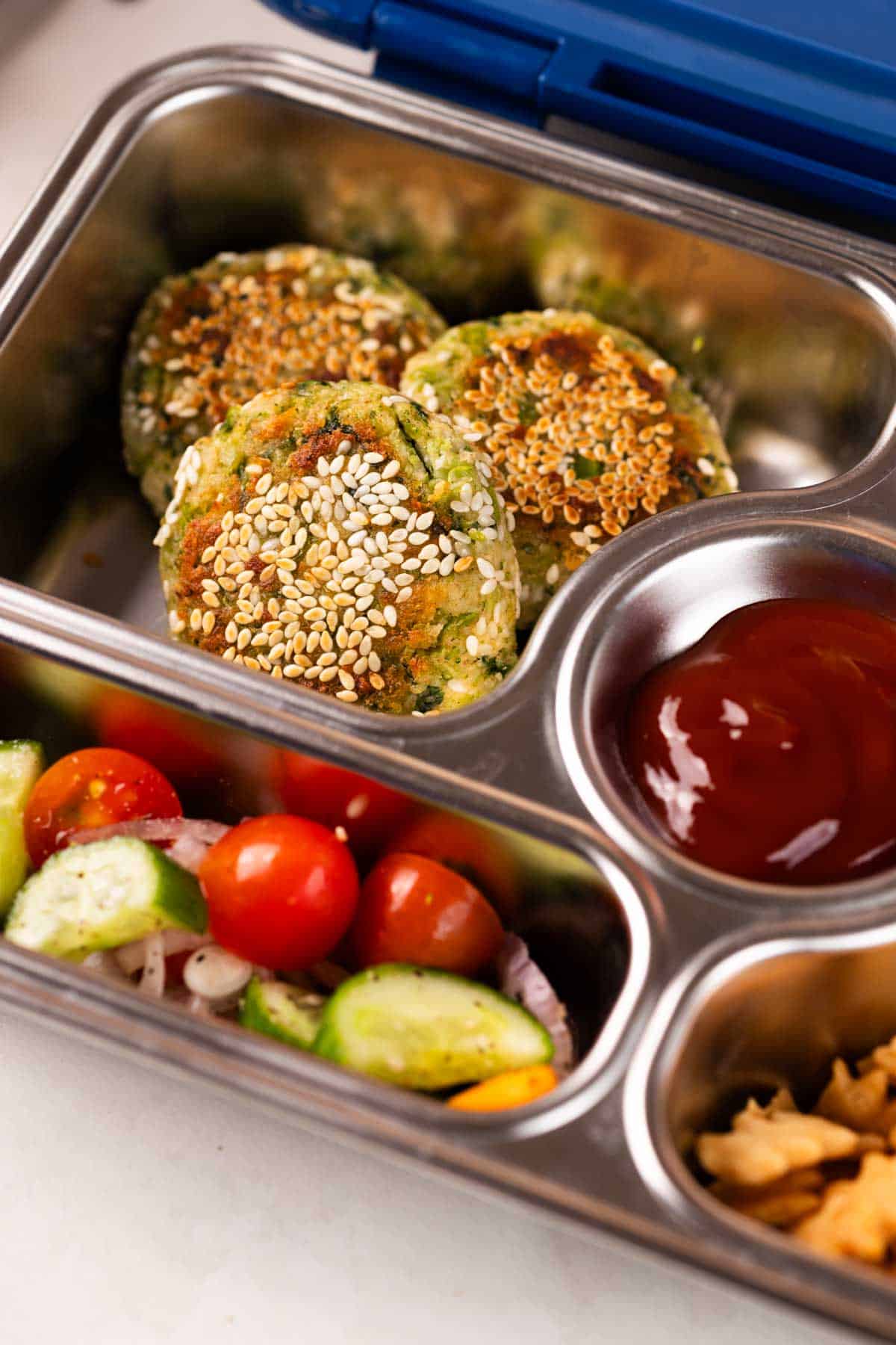 broccoli corn tikkis in a tiffin box