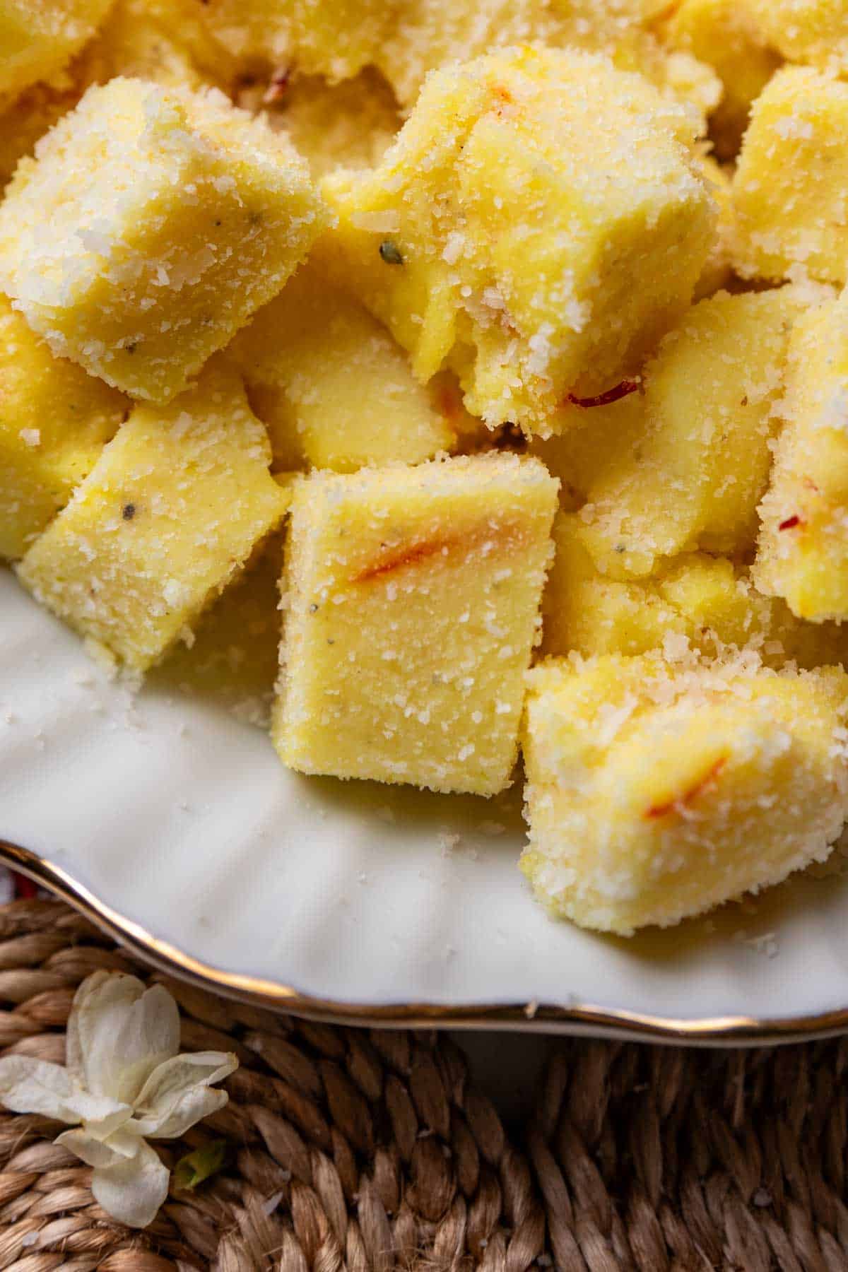 close up of saffron milk pudding bites