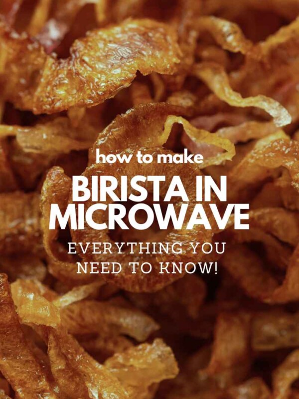 close of up birista made in microwave with text overlay