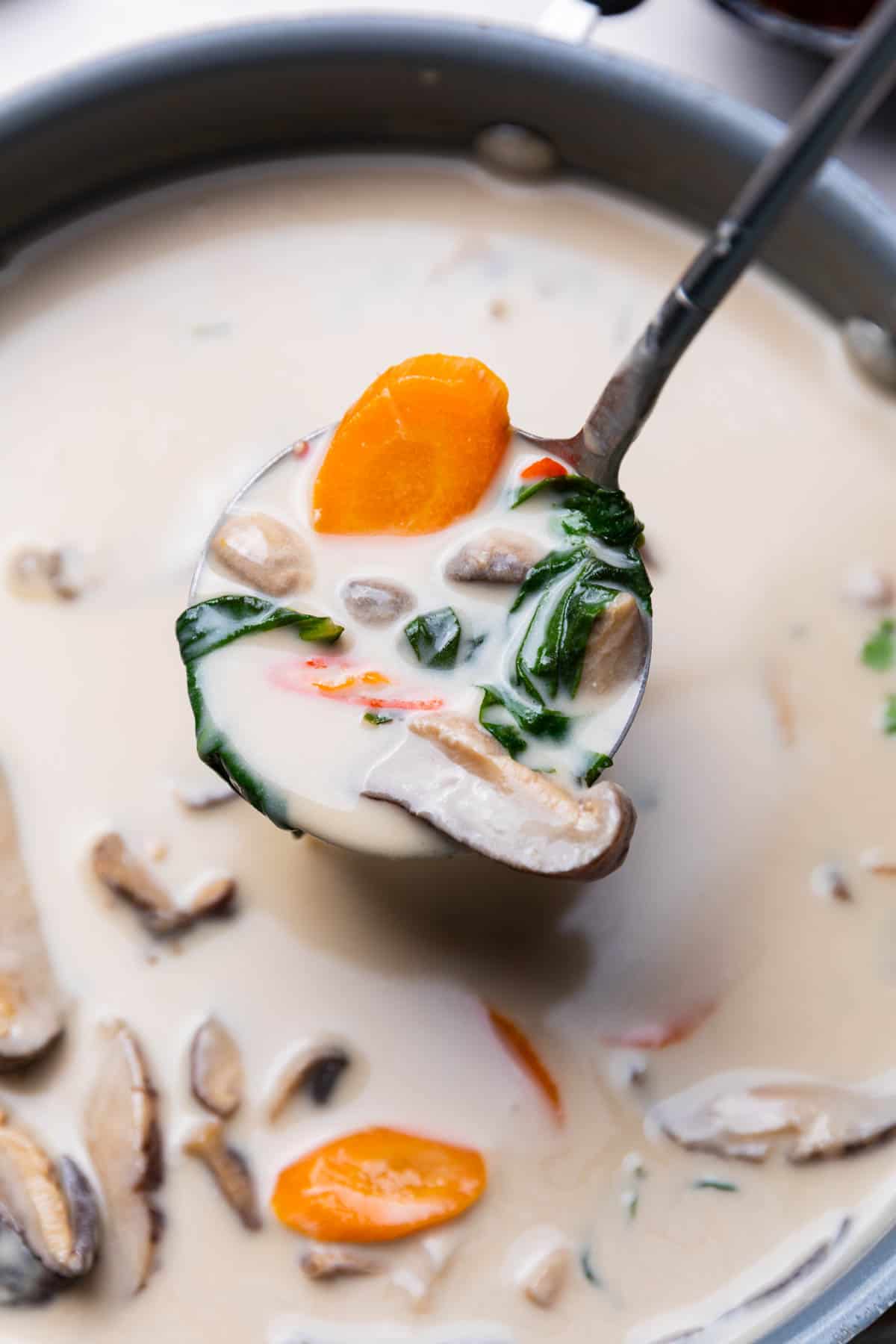 close up image of vegetarian tom kha soup to show the texture