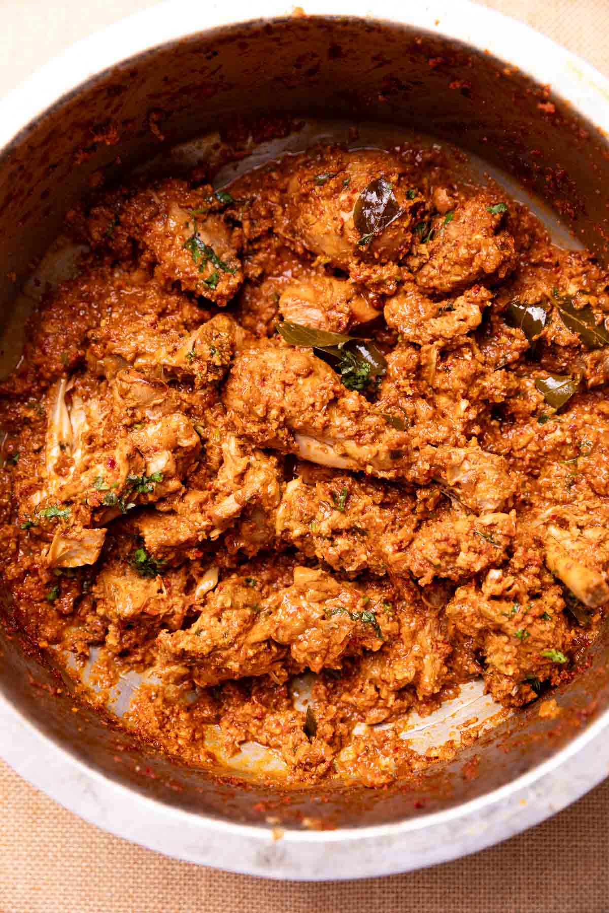 freshly made mangalorean chicken sukka in a kadai