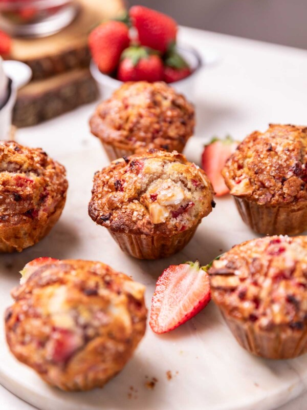 air fryer strawberry muffins served on a white platter