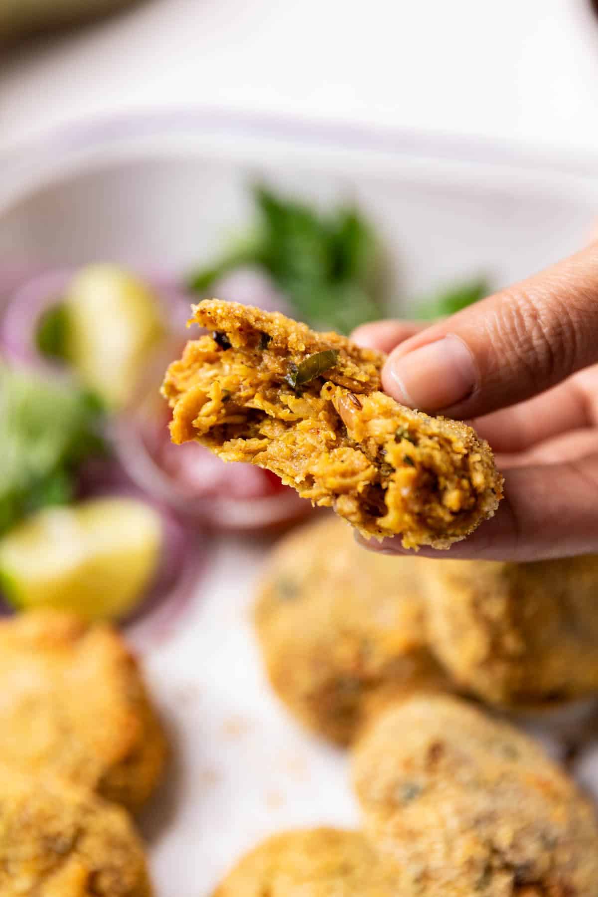 an image of an air fryer cutlet broken in half to show its texture