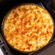 freshly baked air fryer mac and cheese still in the air fryer