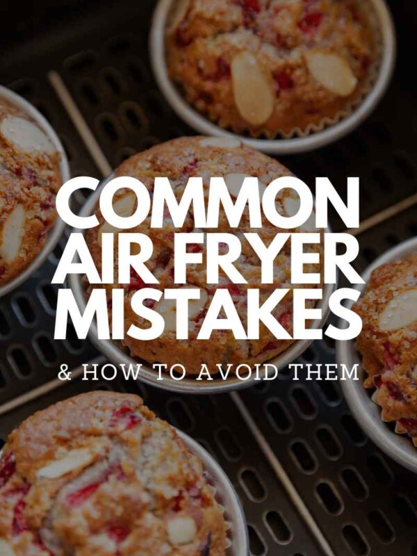 freshly baked air fryer muffins placed in an air fryer basket with text overlay