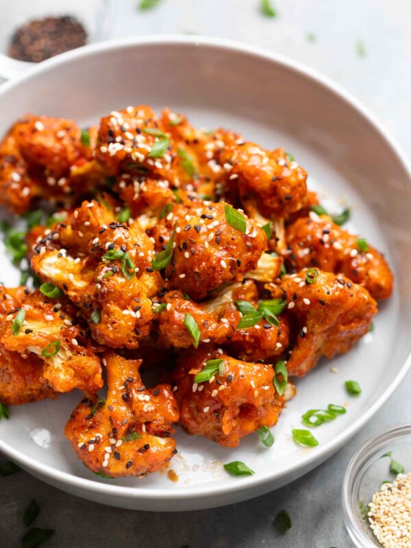 air fryer bang bang caulifower served on a white plate