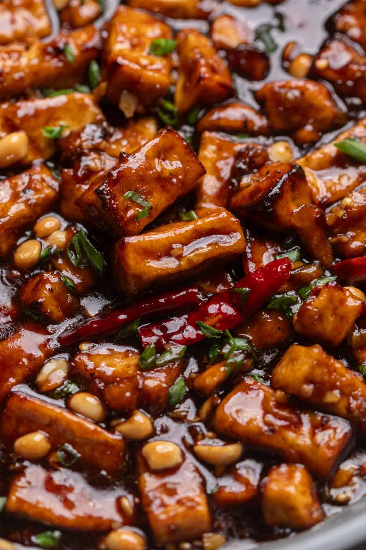 a close up image of kung pao tofu to show it's color and texture