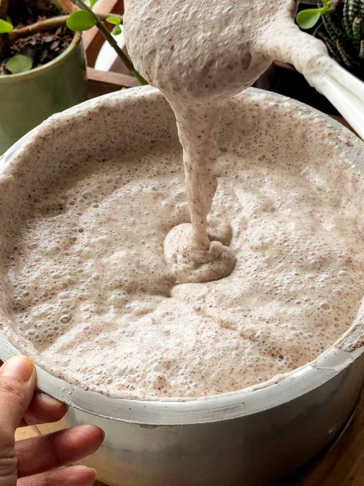 an image fermented ragi dosa batter being poured to show it's consistency