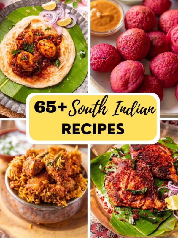 a collage image of 4 south indian recipes with text overlay