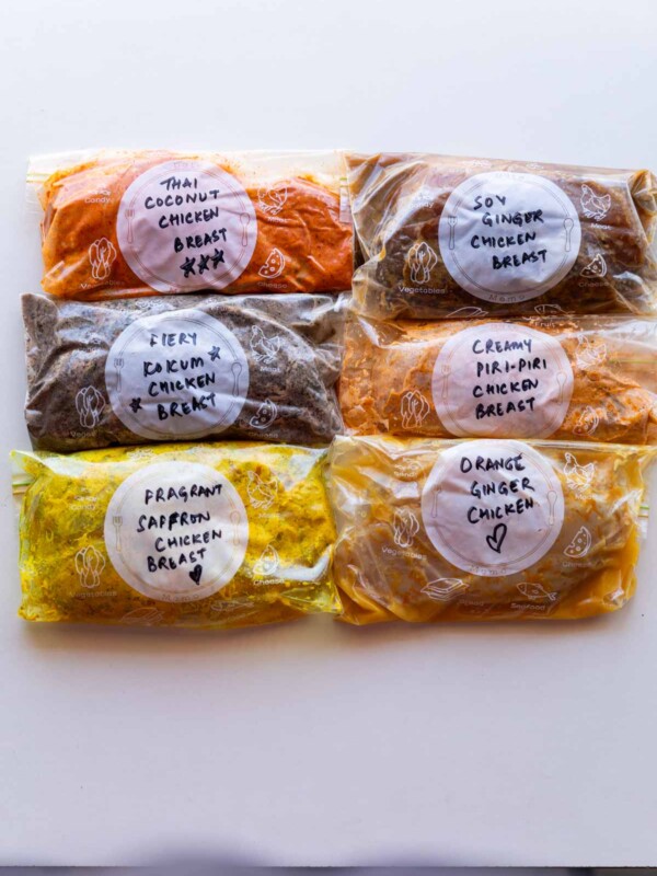 6 marinated chicken breasts stored in labelled zip lock bags