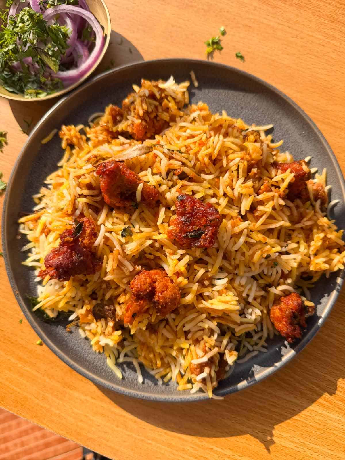 gobi 65 biryani served on a plate