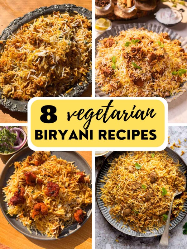 a collage image of 4 veg biryani recipes with text overlay