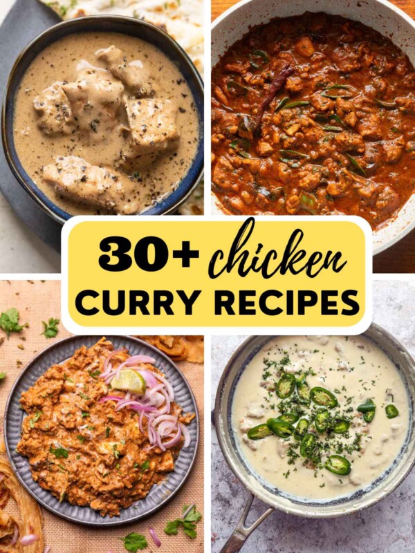 a collage of 4 chicken curry recipes with text overlay
