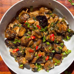 air fryer thai eggplant served in a white plate