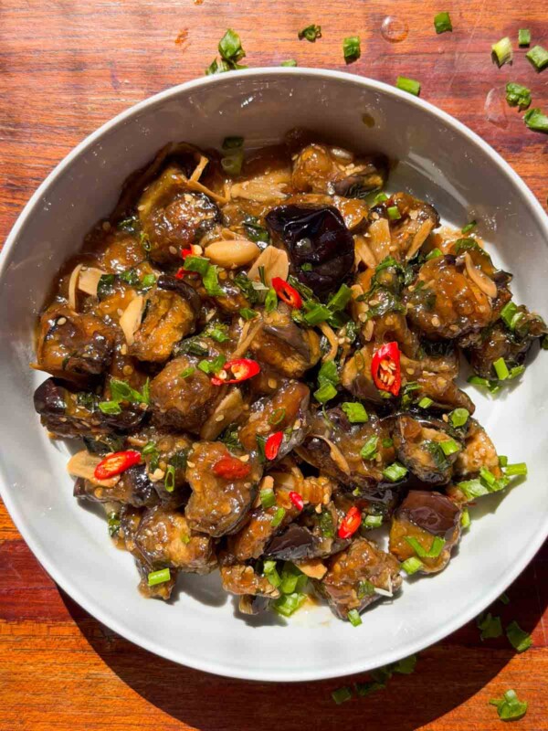 air fryer thai eggplant served in a white plate