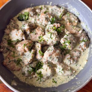 creamy coriander chicken in it's cooking pan